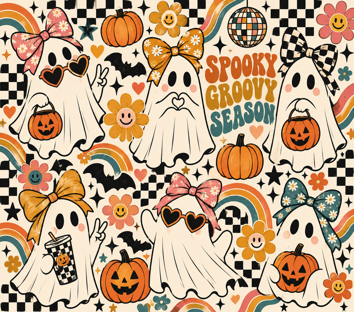 Spooky Groovy Season Ghosts Retro Halloween Tumbler Wrap Sublimation Design