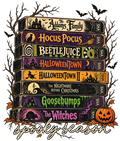 Spooky season VHS tape stack PNG featuring Halloween classics with jack-o-lantern and bats
