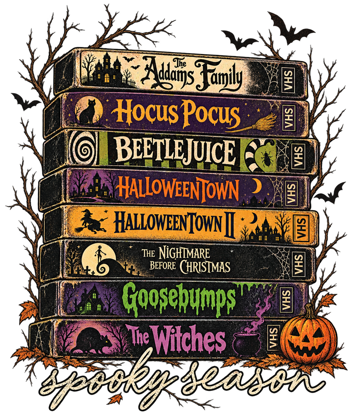 Spooky season VHS tape stack PNG featuring Halloween classics with jack-o-lantern and bats