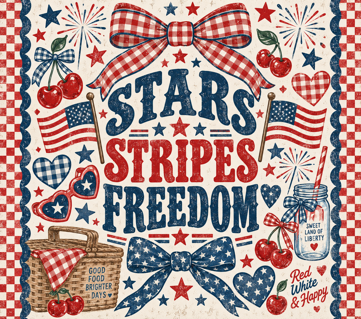 Stars Stripes Freedom Gingham Picnic Patriotic Tumbler Wrap
