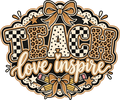 Teach Love Inspire PNG with mixed pattern letters, leopard print, checkered, polka dots, gold bows, pencils and stars