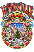 Whoville Christmas globe PNG with snow village, decorated Christmas tree, candy cane lamp posts and red ribbon bow ornament