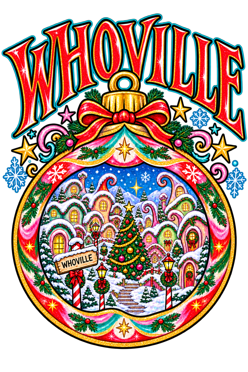Whoville Christmas globe PNG with snow village, decorated Christmas tree, candy cane lamp posts and red ribbon bow ornament